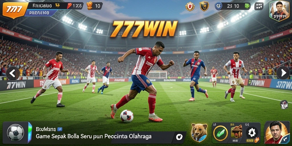 Screenshot gameplay 777WIN dengan aksi seru di lapangan sepak bola.