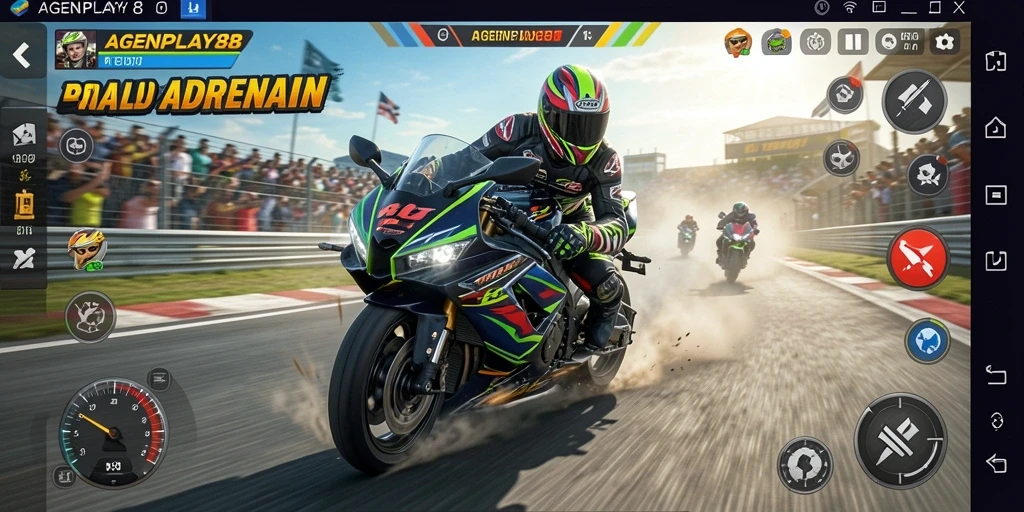 Gameplay <strong>AGENPLAY88</strong> yang penuh aksi dengan motor balap di trek menantang.