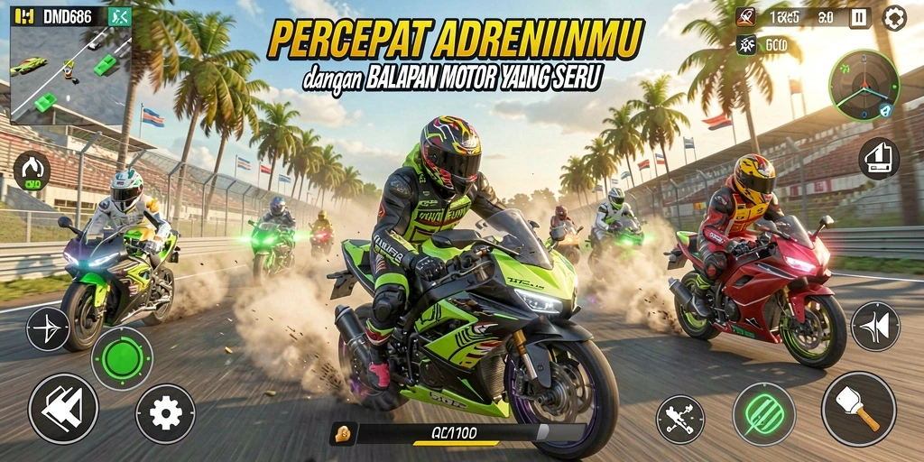 Tangkapan layar dari gameplay DMD686 yang menampilkan balapan motor yang mendebarkan.