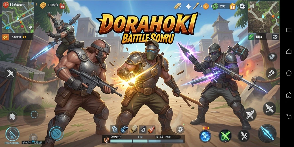 Screenshot DORAHOKI menampilkan aksi intens di arena Battle Royale.