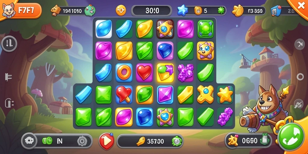 Screenshot gameplay F7F7 menampilkan momen mencocokkan item yang cerah.