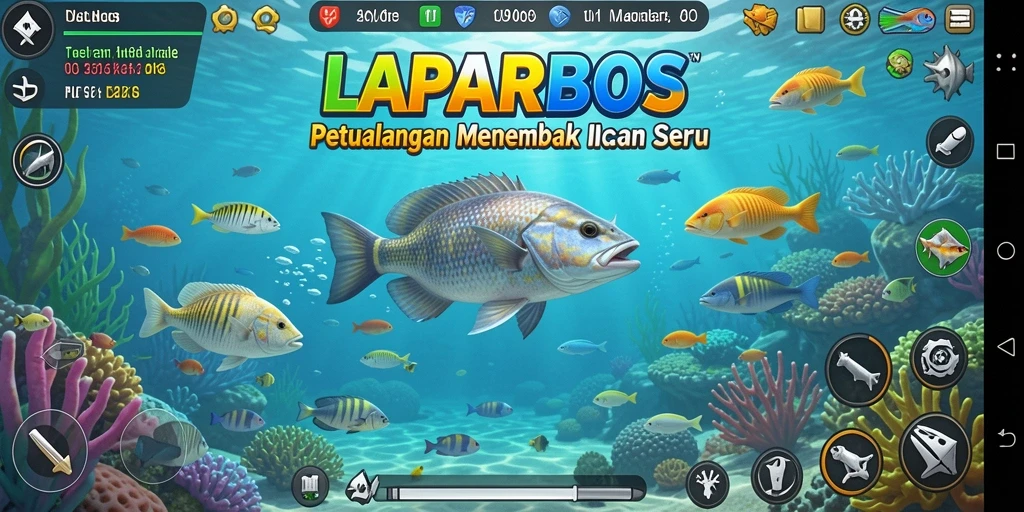 Screenshot gameplay LAPARBOS menampilkan aksi menembak ikan yang menarik.