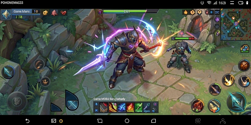 Tampilan seru gameplay di POHONEMAS33 menunjukkan aksi pertarungan tim di arena.