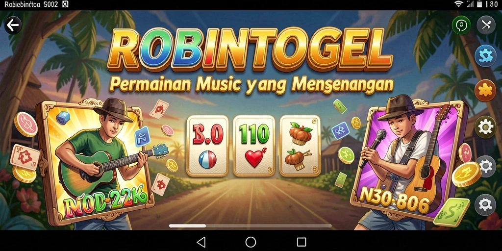 Screenshot gameplay menarik dari ROBINTOGEL dengan antarmuka musik yang interaktif.