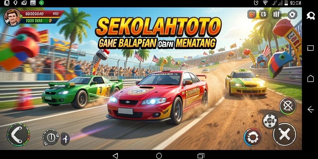 Gameplay balapan seru di SEKOLAHTOTO dengan mobil tercepat.