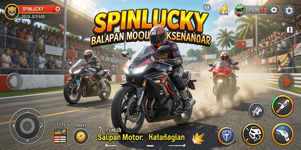 Tangkapan layar SPINLUCKY menampilkan adrenalin tinggi dalam balapan motor.