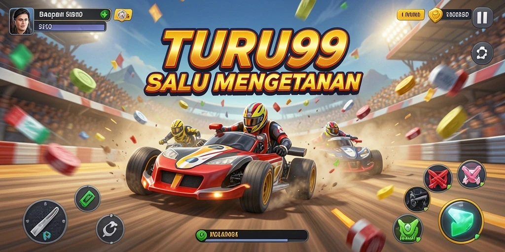 Screenshot menunjukkan aksi balapan seru dalam TURU99.